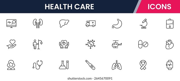 Ícones de linha de vetor de ferramentas médicas, hospitais, médicos, registros de saúde, bem-estar, diagnóstico, tratamento e cuidados perfeitos para aplicativos e sites.