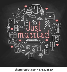 Vector line icons painted with white  and pink chalk on a blackboard. Idea illustration for design t-shirts, banners, flyers, invitations. Vector illustration with different Wedding Day elements.