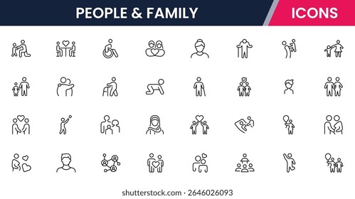 Vector line icons of parents, children, home, love, activities, family time, relationships, bonding, and care ideal for apps and websites.