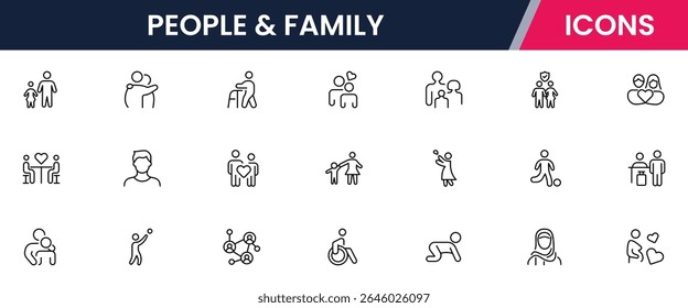 Vector line icons of parents, children, home, love, activities, family time, relationships, bonding, and care ideal for apps and websites.