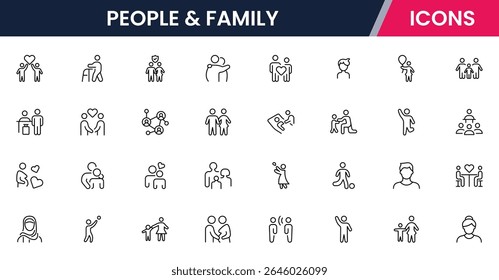 Vector line icons of parents, children, home, love, activities, family time, relationships, bonding, and care ideal for apps and websites.