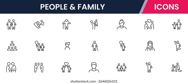 Vector line icons of parents, children, home, love, activities, family time, relationships, bonding, and care ideal for apps and websites.