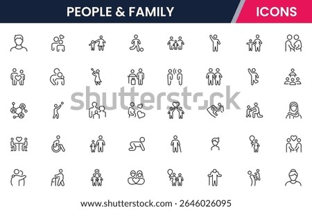Vector line icons of parents, children, home, love, activities, family time, relationships, bonding, and care ideal for apps and websites.