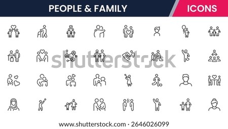 Vector line icons of parents, children, home, love, activities, family time, relationships, bonding, and care ideal for apps and websites.