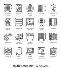 Vector line icons with radiator, convector and fireplace. Heating equipment for home and office. Different styles of gas, oil & electric heaters. Solar panel. Wood stove. Elements for space warming.