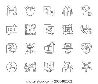 Vector line icons related to business cooperation and team collaboration. Contains such icons as unity, synergy, co-worker, brainstorming, interaction and more. Editable stroke.