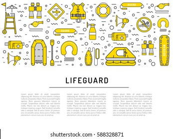 Vector line icons of rescue equipment, life-saving in water isolated on white background. Elements of equipment of the rescuer and rescue station