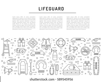 Vector line icons of rescue equipment, life-saving in water isolated on white background. Elements of equipment of the rescuer and rescue station