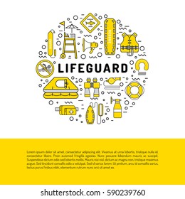 Vector line icons of rescue equipment, life-saving in water isolated on white background. Elements of equipment of the rescuer and rescue station