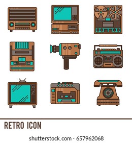 Vector line icons with retro appliances. Line icons of radio, telephone, tape recorder, voice recorder, TV and other.