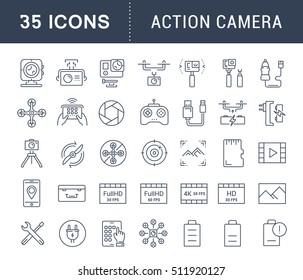 vector line icons Set, action camera and drone in flat design with elements for mobile concepts and web apps. Collection modern infographic logo and pictogram.