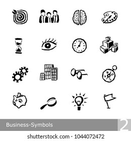 Vector line icons set of business symbols in unique rough and jagged design with a collection of free scalable black and white illustrations and graphics for print and web, chart 2 of a series, nobody