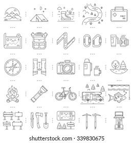 Vector line icons set of camping, hiking and tourism.