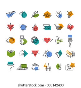 Vector line icons' set with color geometrical accents. Web, travel, money, shopping, love, mail, lifestyle thematic collection. 