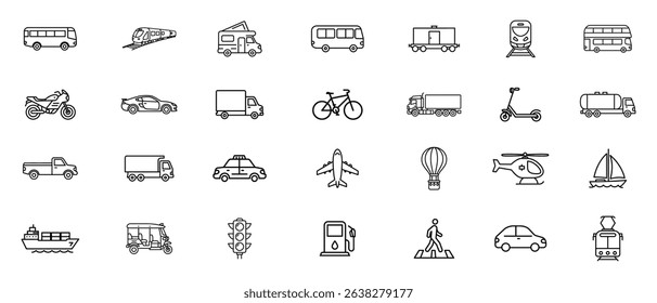 Vector line icons set depicting various modes of transportation including cars, buses, trains, airplanes, and more ideal for website or app design.