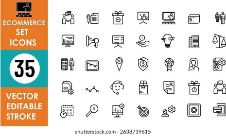 Vector line icons set for eCommerce: includes shopping cart, megaphone, delivery, analytics, money, calendar, headset, credit card, balance scale, barcode, and more
