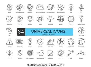 Vector line icons set with editable stroke, balance and universal access, adjustment and fitting, return, protection and exclusivity, reliability, ease in cloud services and multifunctionality