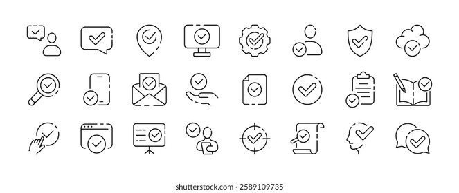 Vector line icons set featuring communication, checkmarks, and technology elements.