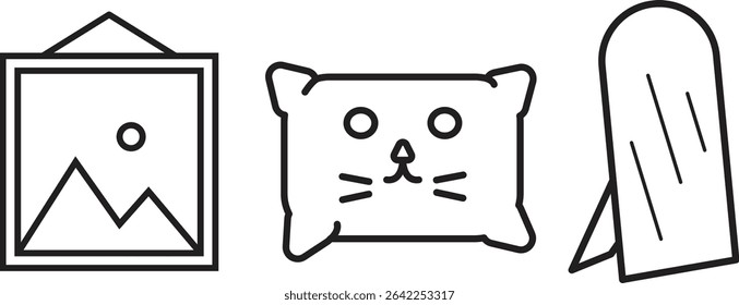 Vector line icons set featuring a hanging photo frame, a cute cat-face pillow, and a standing mirror. Ideal for use in home decor illustrations, kids’ bedroom furniture, or cozy room designs.