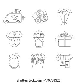 vector line icons set flower delivery. car, gift, flowers in hand, courier, money, basket, flower shop. Use icons for web design, infographics, shop decoration, packaging, flyers, textile, background.