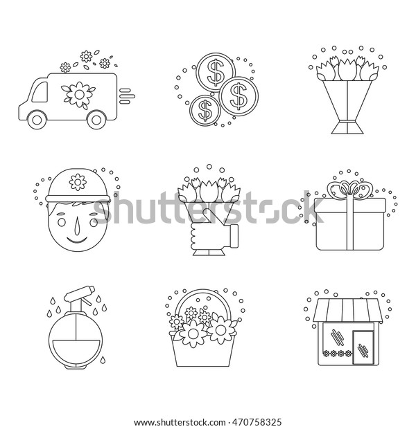 vector line icons set flower delivery. car,\
gift, flowers in hand, courier, money, basket, flower shop. Use\
icons for web design, infographics, shop decoration, packaging,\
flyers, textile,\
background.