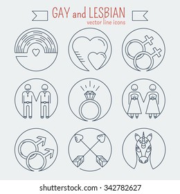 Vector line icons. Set of gay marriage and gay love icons. LGBT symbols including unicorn and rainbow. Homosexual design elements. Gay pride. Same sex love.