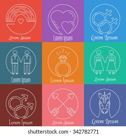 Vector line icons. Set of gay marriage and gay love icons. LGBT symbols including unicorn and rainbow. Homosexual design elements. Gay pride. Same sex love.