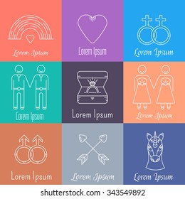 Vector line icons. Set of gay marriage and gay love icons. LGBT symbols including unicorn and rainbow. Homosexual design elements. Gay pride. Same sex love.