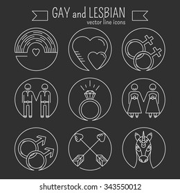Vector line icons. Set of gay marriage and gay love icons. LGBT symbols including unicorn and rainbow. Homosexual design elements. Gay pride. Same sex love.