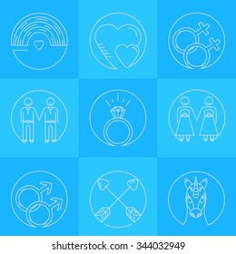 Vector line icons. Set of gay marriage and gay love icons. LGBT symbols including unicorn and rainbow. Homosexual design elements. Gay pride. Same sex love.