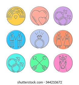 Vector line icons. Set of gay marriage and gay love icons. LGBT symbols including unicorn and rainbow. Homosexual design elements. Gay pride. Same sex love.