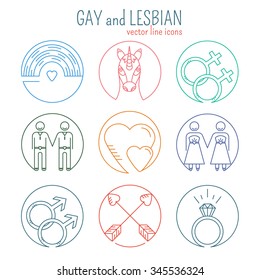 Vector line icons. Set of gay marriage and gay love icons. LGBT symbols including unicorn and rainbow. Homosexual design elements. Gay pride. Same sex love.