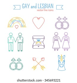 Vector line icons. Set of gay marriage and gay love icons. LGBT symbols including unicorn and rainbow. Homosexual design elements. Gay pride. Same sex love.
