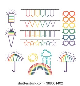 Vector line icons. Set of gay marriage and gay love icons. LGBT symbols ribbons, heart, ice cream, umbrella , glasses and rainbow. Homosexual design elements. Gay pride. Same sex love. 
