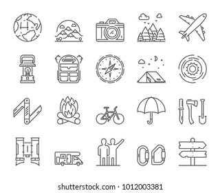 Vector line icons set of hiking, travel and adventure. Linear symbols of camping and tourism.