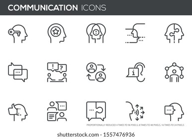 Conjunto de ícones de linha vetorial de comunicação. comunicação humana, interação pessoal, diálogo, conversa, discussão. Ícones de pixel perfeitos, que podem ser dimensionados para 24, 48, 96 pixels.