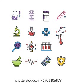 Vektorlinien-Symbole für Medizin, Chemie und Genetik. DNA, Spritze, Mikroskop und Laborausrüstung.