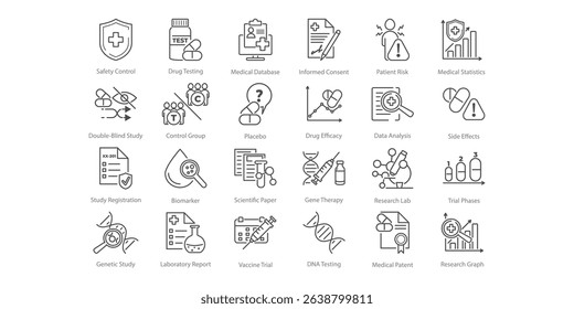 Vector line icons set representing a medical trial. Shows elements of study, research, test, and clinic context. Suitable for use in clinical or educational settings.