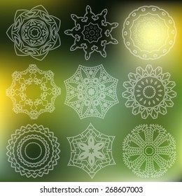 Vector line icons. Set with round mandala. Design elements on blurred background. Vector circle elements.