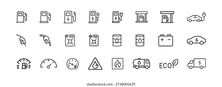Vector line icons set showing fuel pumps, EV chargers, jerrycans, oil drums, battery and fuel gauges