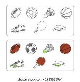 Vector line icons set sport attributes football rugby badminton tennis ping pong