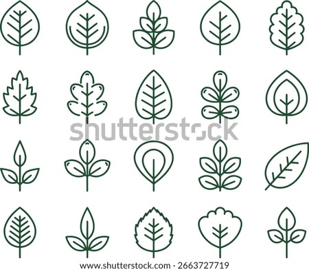 Vector line icons set of various leaves and foliage, minimalist design elements for nature, organic, and eco-friendly themes.