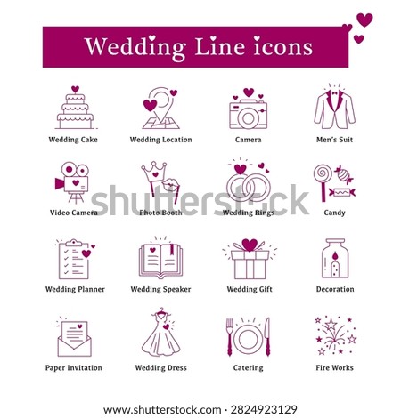 Vector line icons set for wedding celebration and event planning. Marriage elements and love symbols vector illustration. Modern line icons set of wedding concept. Set of vector line icons for wedding planning, ceremony, and celebration items. Minimalist outline symbols for love, marriage, and party decorations. Editable stroke. Isolated vector icons.
