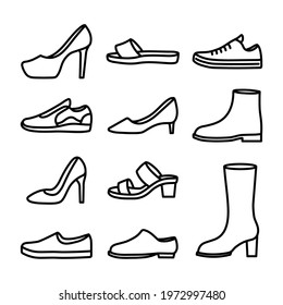 vector line icons of shoes, heels, sneakers, boots.