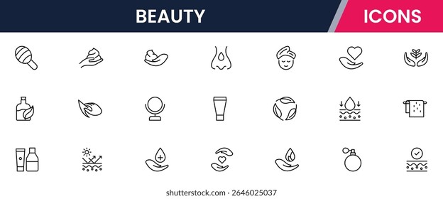 Vector line icons of skincare, makeup, spa, cosmetics, haircare, beauty tools, wellness, and self-care perfect for websites, apps, and branding.