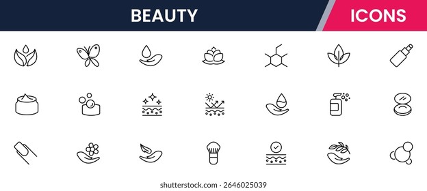 Vector line icons of skincare, makeup, spa, cosmetics, haircare, beauty tools, wellness, and self-care perfect for websites, apps, and branding.