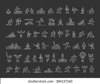 Vector line icons of sportsmen on black background.