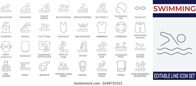 Vector line icons for swimming, lifeguard, goggles, diving, and water sports activities. Perfect for swim schools, water safety posters, and fitness infographics.