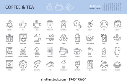 Vector line icons of tea coffee shop. Cup break beans glass machine vending milk donut cake croissant jug kettle grinder sugar bag cafeteria leaf juice morning herbal teapot lemon milkshake