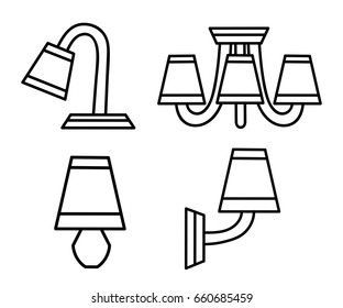 Vector line icons with various modern chandeliers. Simple design pictograms. Renovation interior symbols.